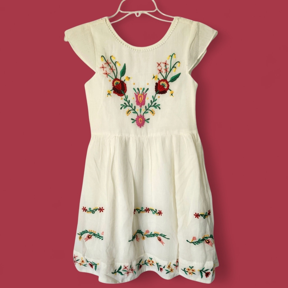 DERHY KIDS Gauzy Embroidered‎ Floral Bohemian 100% Cotton Dress Sz 10/12 Wedding